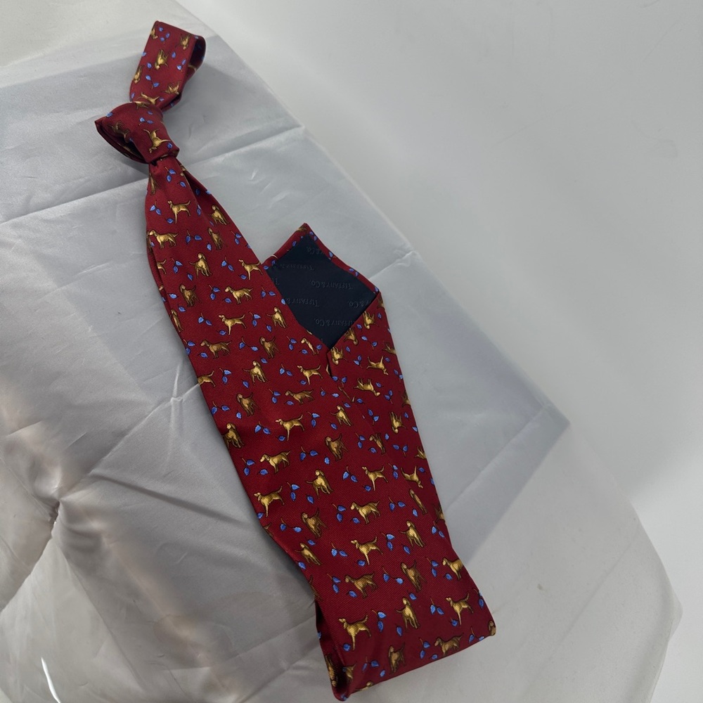 Tiffany and co red silk dog and leaf tie